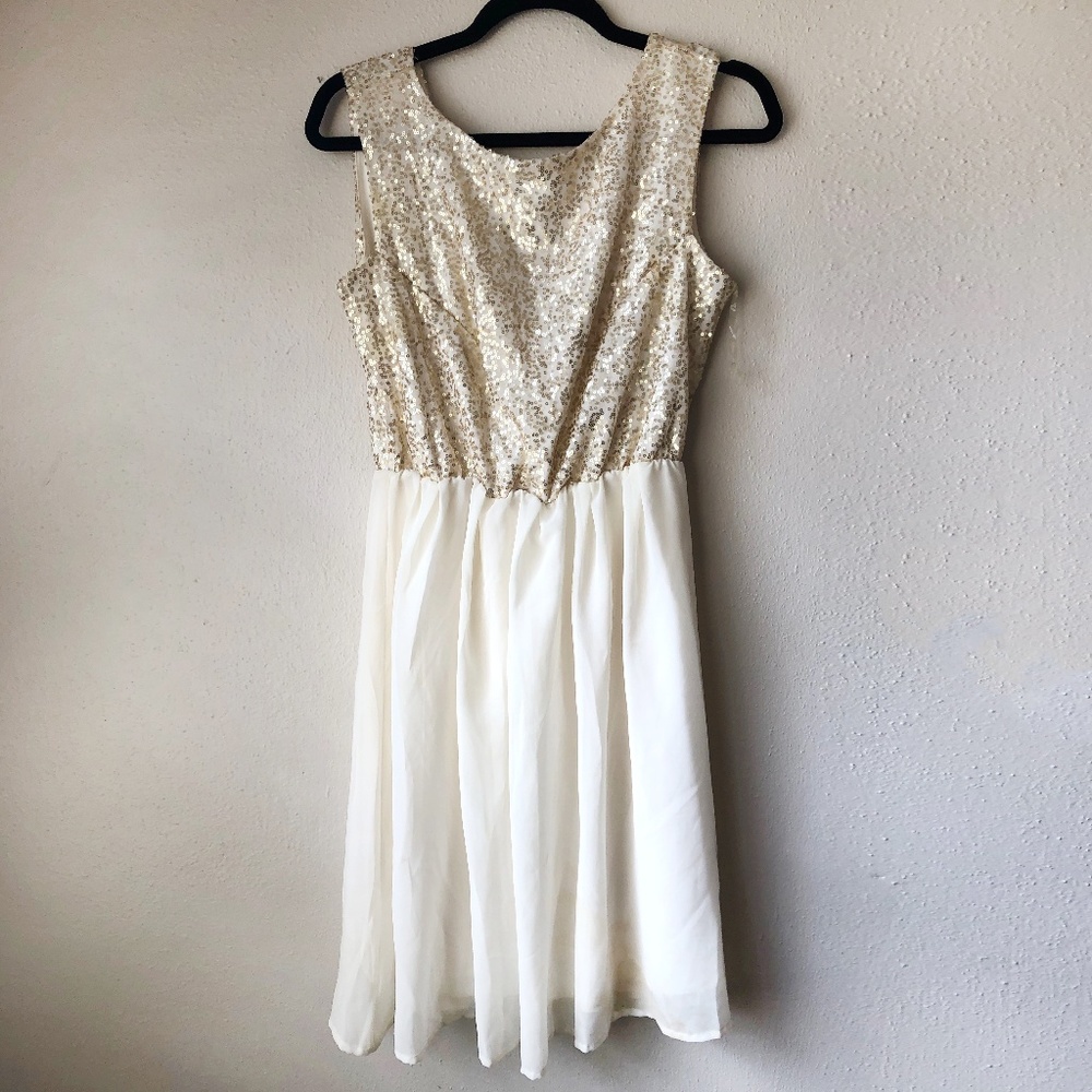 Gold Sequined Cream Cocktail Dress